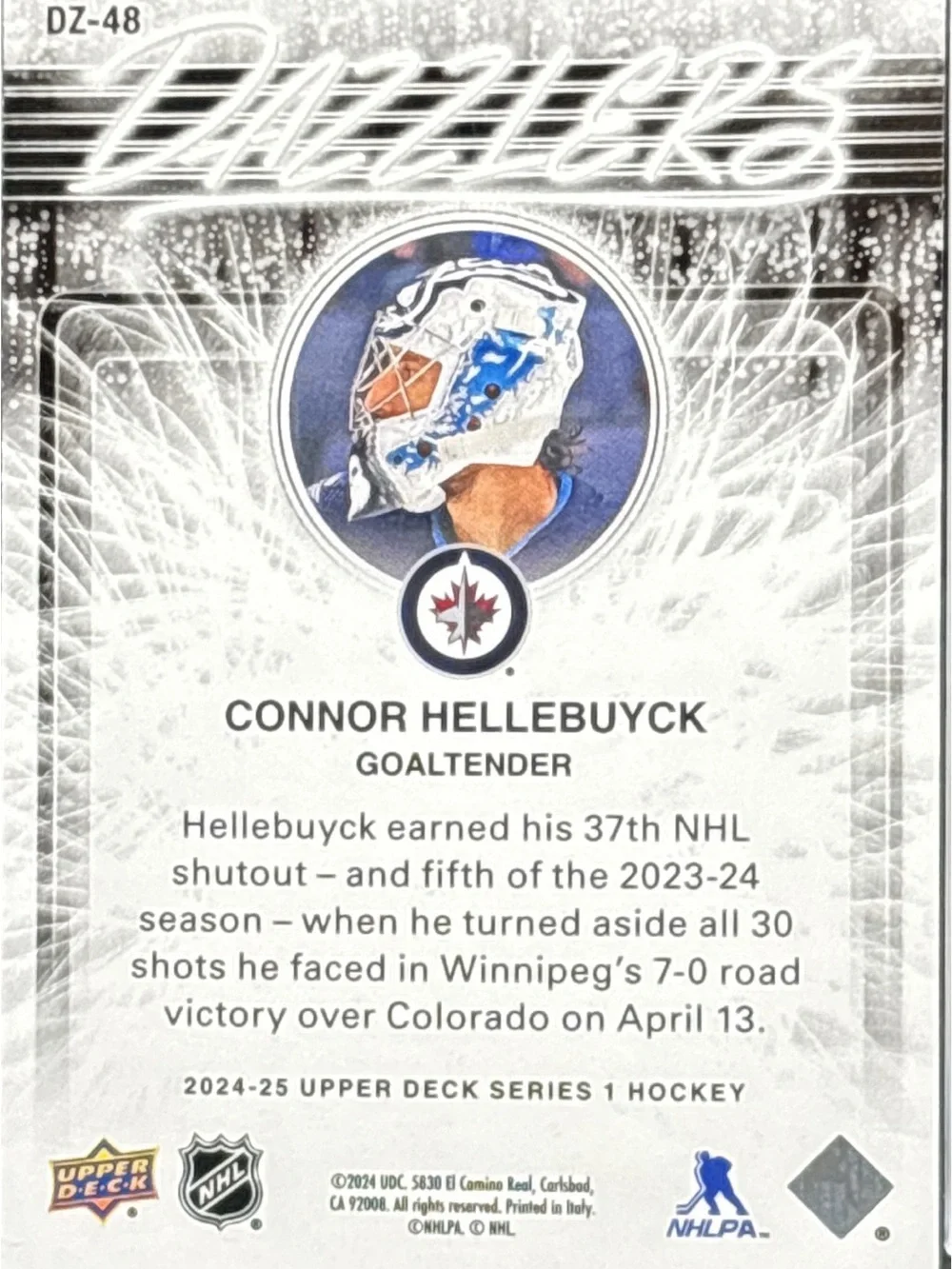 Upper Deck Dazzler Conner Hellebuyck Winnipeg Jets Goalie Trading Card